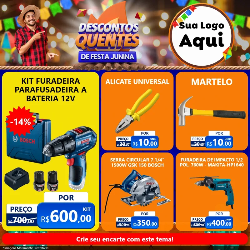 Modelo de Rede Social para Feed Facebook com o tema Descontos Quentes de Festa Junina para Maquinas e Ferramentas