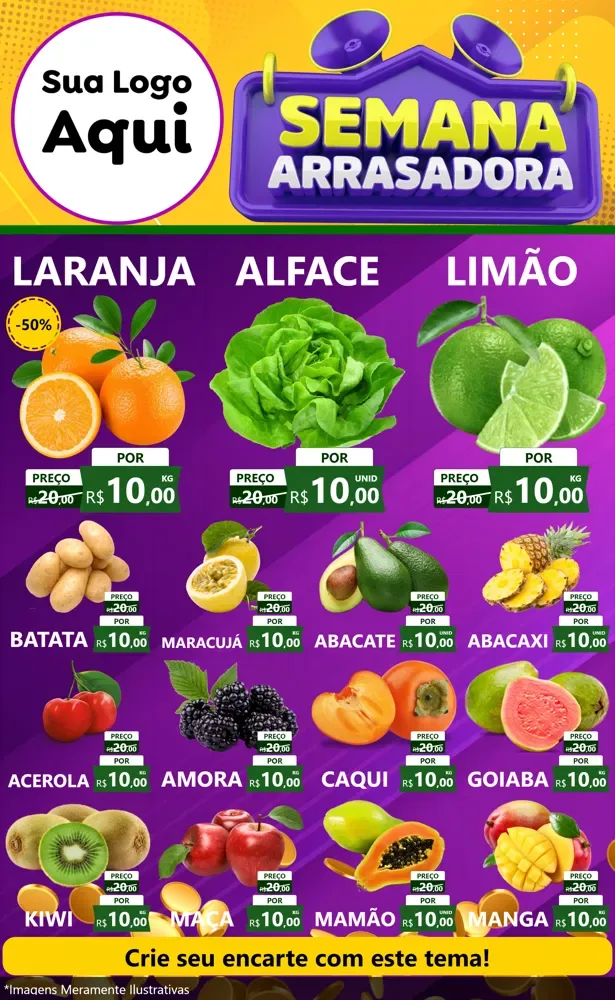 Modelo de Encarte para Encarte Grande com o tema Semana Arrasadora para Hortifrúti