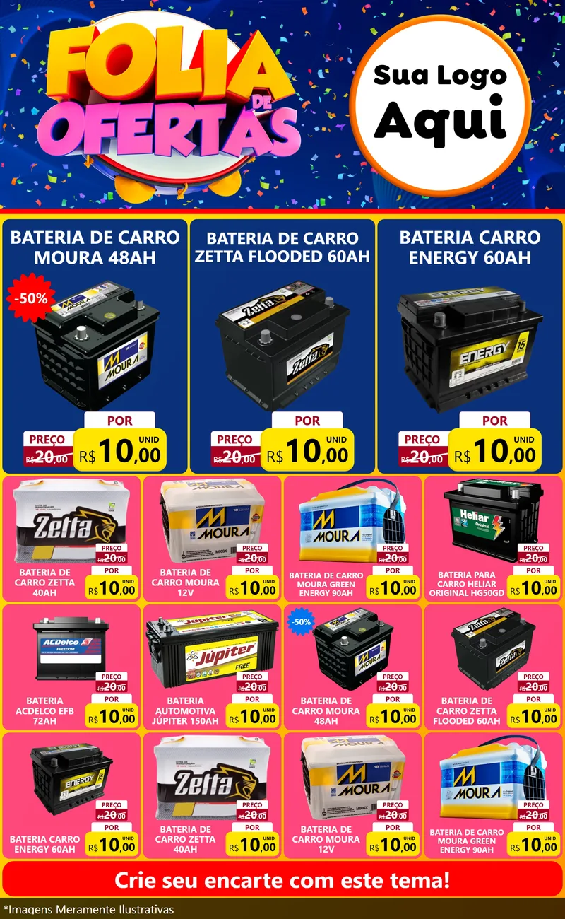 Modelo de Encarte para Encarte Grande com o tema Folia de Ofertas para Baterias Elétricas