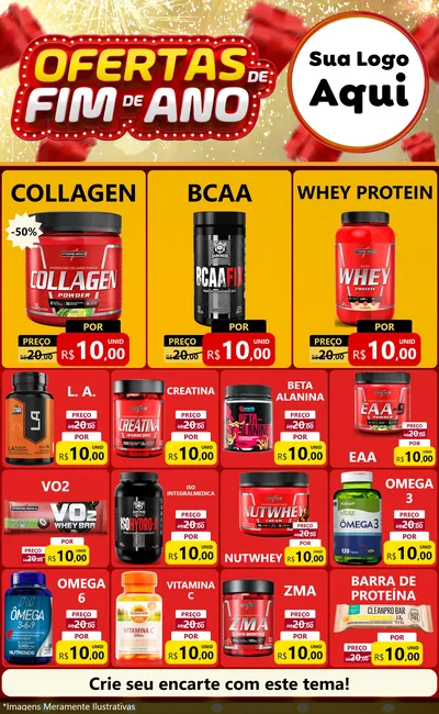 Modelo de Encarte para Encarte Grande com o tema Ofertas de Fim de Ano para Suplementos alimentares