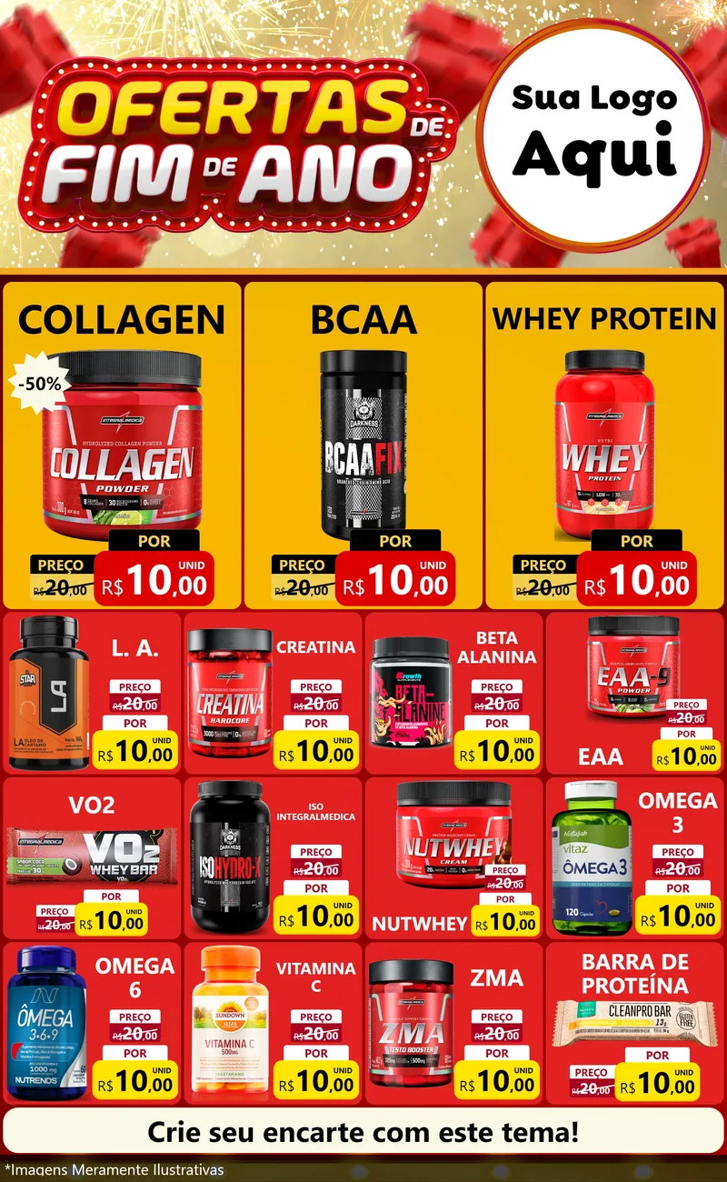 Modelo de Encarte para Encarte Grande com o tema Ofertas de Fim de Ano para Suplementos alimentares