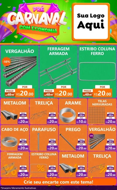 Modelo de Encarte para Encarte Grande com o tema Pré-Carnaval Com Economia para Ferragens