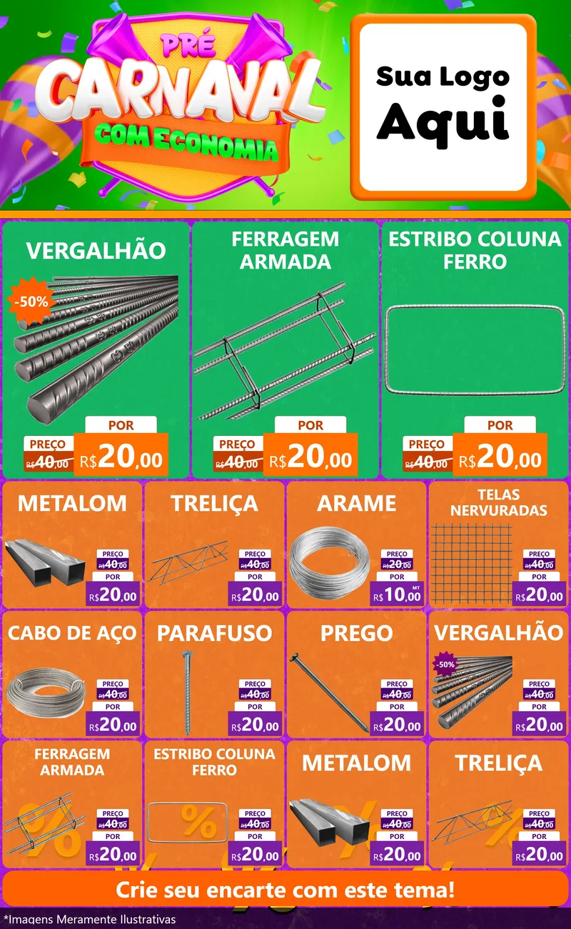 Modelo de Encarte para Encarte Grande com o tema Pré-Carnaval Com Economia para Ferragens