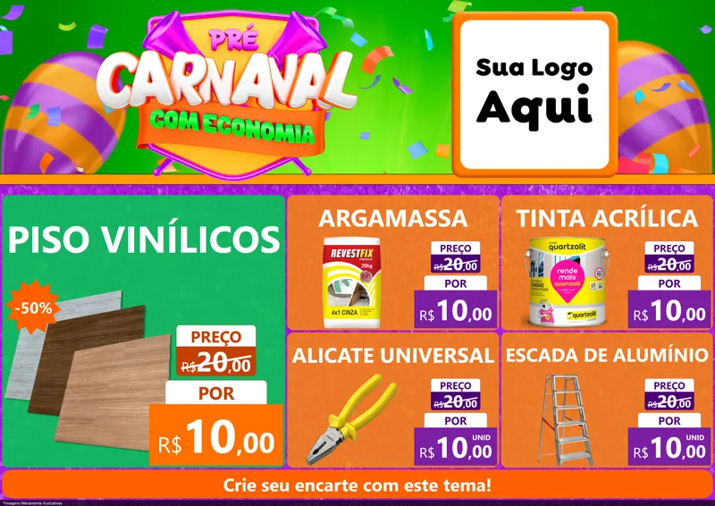 Modelo de Encarte para Encarte A4 Horizontal com o tema Pré-Carnaval Com Economia para Material para Construção