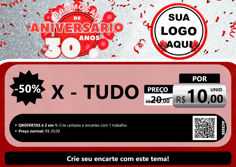 Modelo de Cartaz para Cartaz A4 Horizontal com o tema Promoção de Aniversário - 30 Anos para Hamburgueria