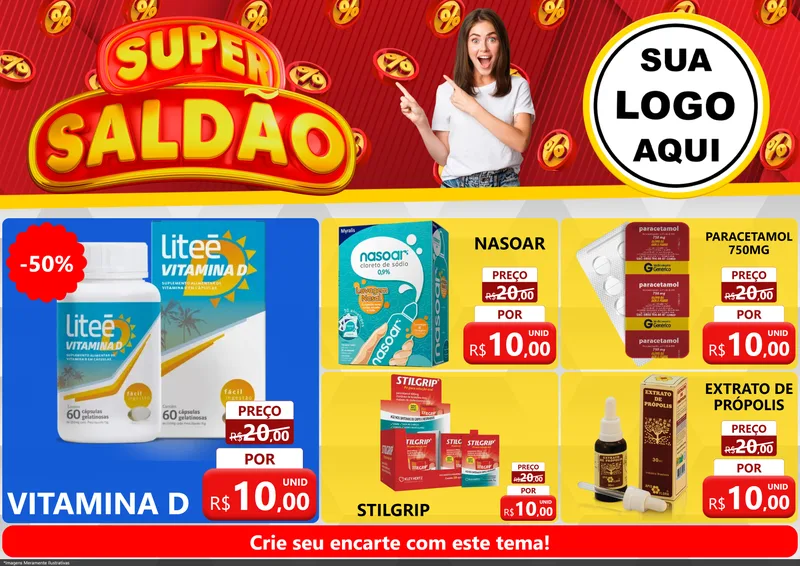 Modelo de Encarte para Encarte A4 Horizontal com o tema Super Saldão para Farmácia