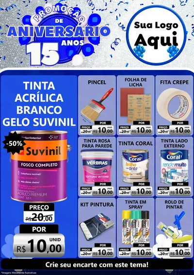 Modelo de Encarte para Encarte A4 Vertical com o tema Promoção de Aniversário - 15 Anos para Tintas e Ferramentas