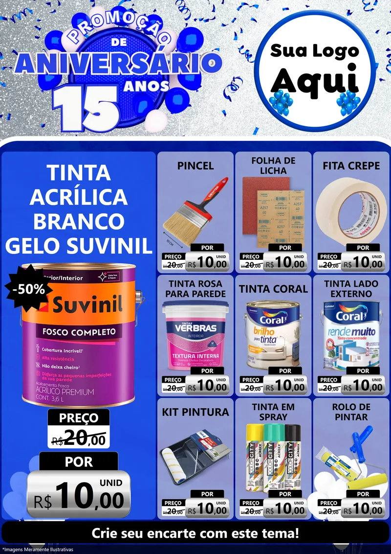 Modelo de Encarte para Encarte A4 Vertical com o tema Promoção de Aniversário - 15 Anos para Tintas e Ferramentas