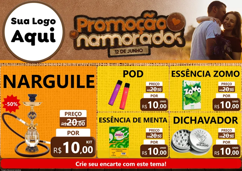 Modelo de Encarte para Encarte A4 Horizontal com o tema Promoção Namorados para Tabacaria