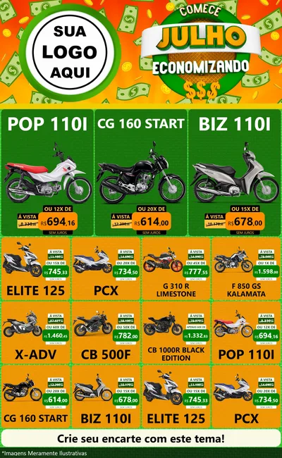 Modelo de Encarte para Encarte Grande com o tema Comece Julho Economizando para Concessionaria de Motos