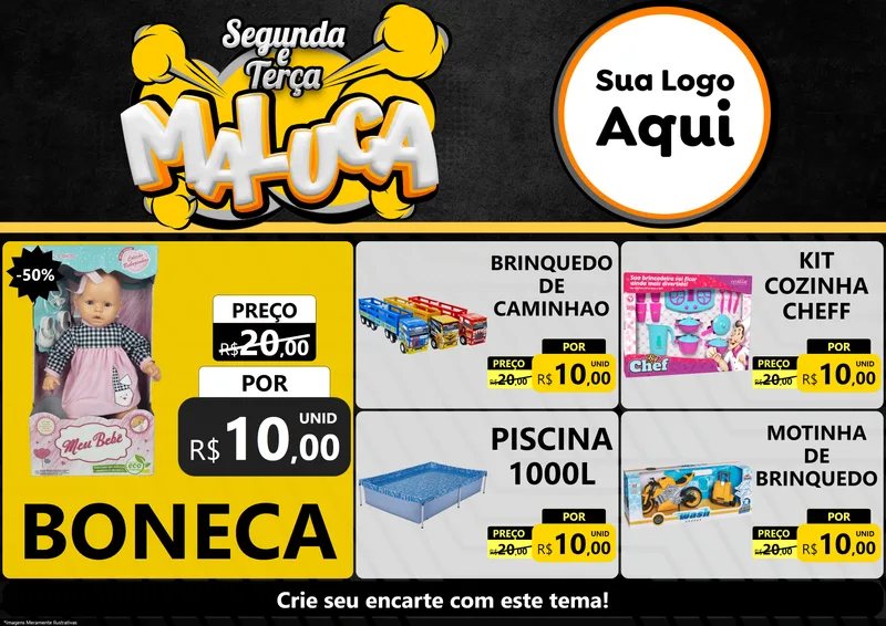 Modelo de Encarte para Encarte A4 Horizontal com o tema Segunda e Terça Maluca para Brinquedos
