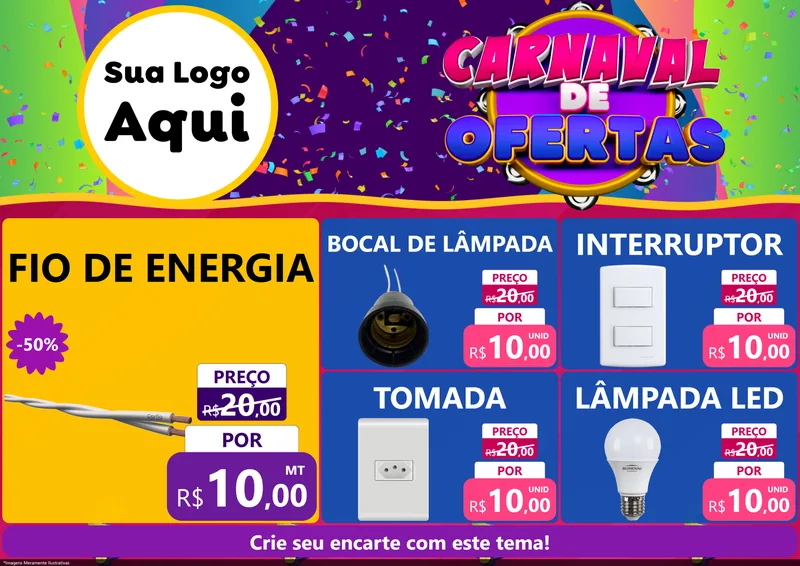 Modelo de Encarte para Encarte A4 Horizontal com o tema Carnaval de Ofertas para Materiais Elétricos