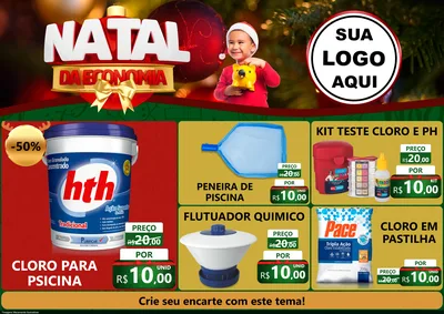 Modelo de Encarte para Encarte A4 Horizontal com o tema Natal da Economia para Produtos para Piscina