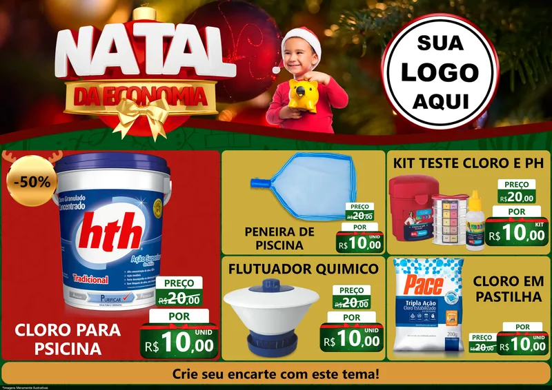 Modelo de Encarte para Encarte A4 Horizontal com o tema Natal da Economia para Produtos para Piscina