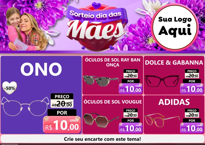 Modelo de Encarte para Encarte A4 Horizontal com o tema Sorteio Dia das Mães para Óticas