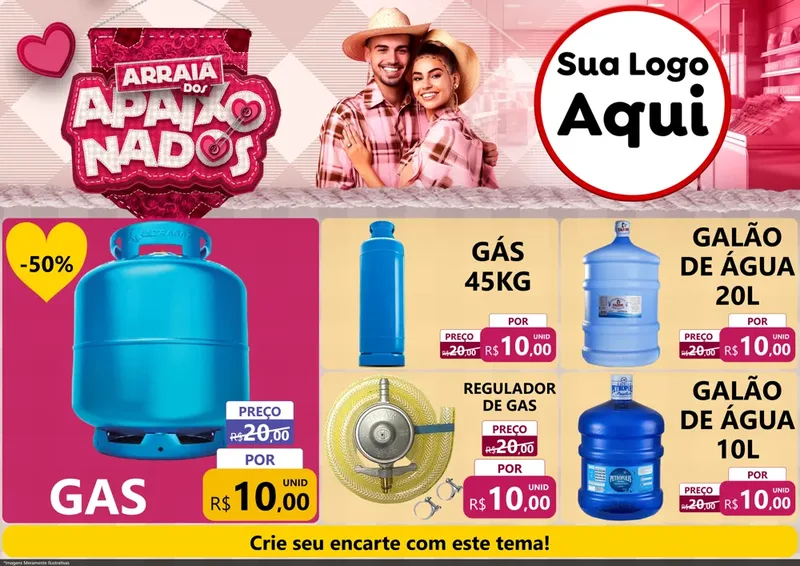 Modelo de Encarte para Encarte A4 Horizontal com o tema Arraiá dos Apaixonados - Junina para Água e gás