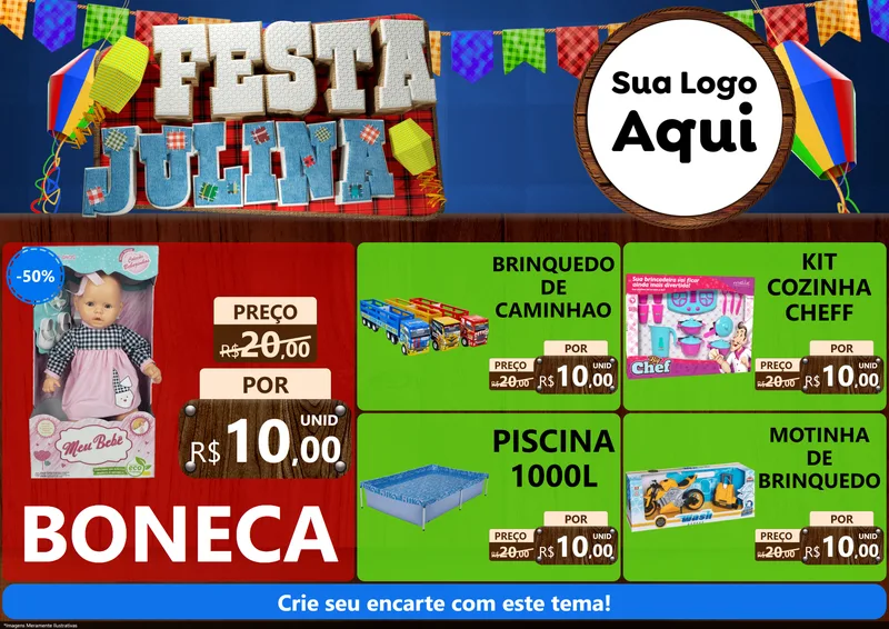 Modelo de Encarte para Encarte A4 Horizontal com o tema Festa Julina para Brinquedos