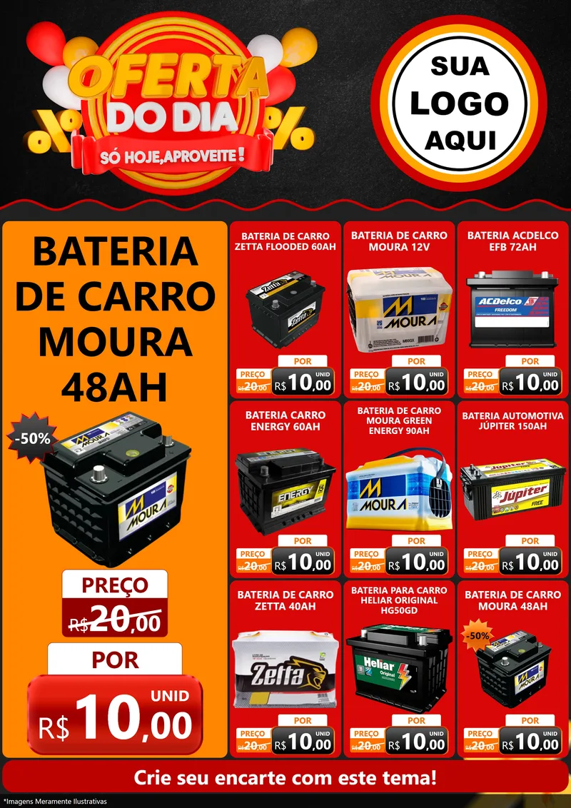 Modelo de Encarte para Encarte A4 Vertical com o tema Oferta do Dia - Só hoje, Aproveite! para Baterias Elétricas
