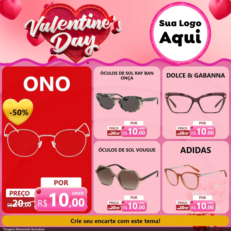 Modelo de Rede Social para Feed Facebook com o tema Valentine's Day para Óticas