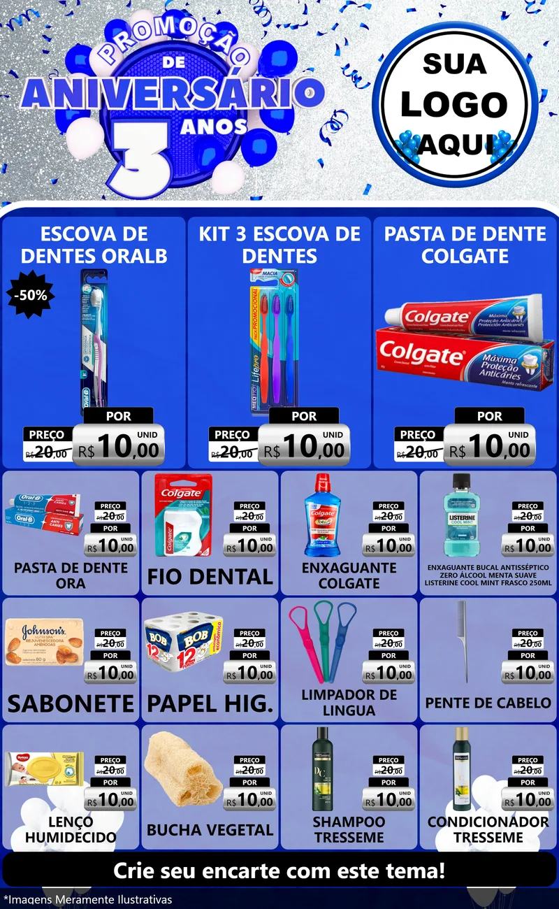 Modelo de Encarte para Encarte Grande com o tema Promoção de Aniversário - 3 Anos para Higiene Pessoal