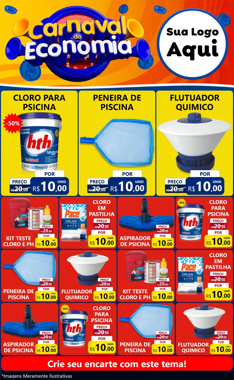 Modelo de Encarte para Encarte Grande com o tema Carnaval da Economia para Produtos para Piscina