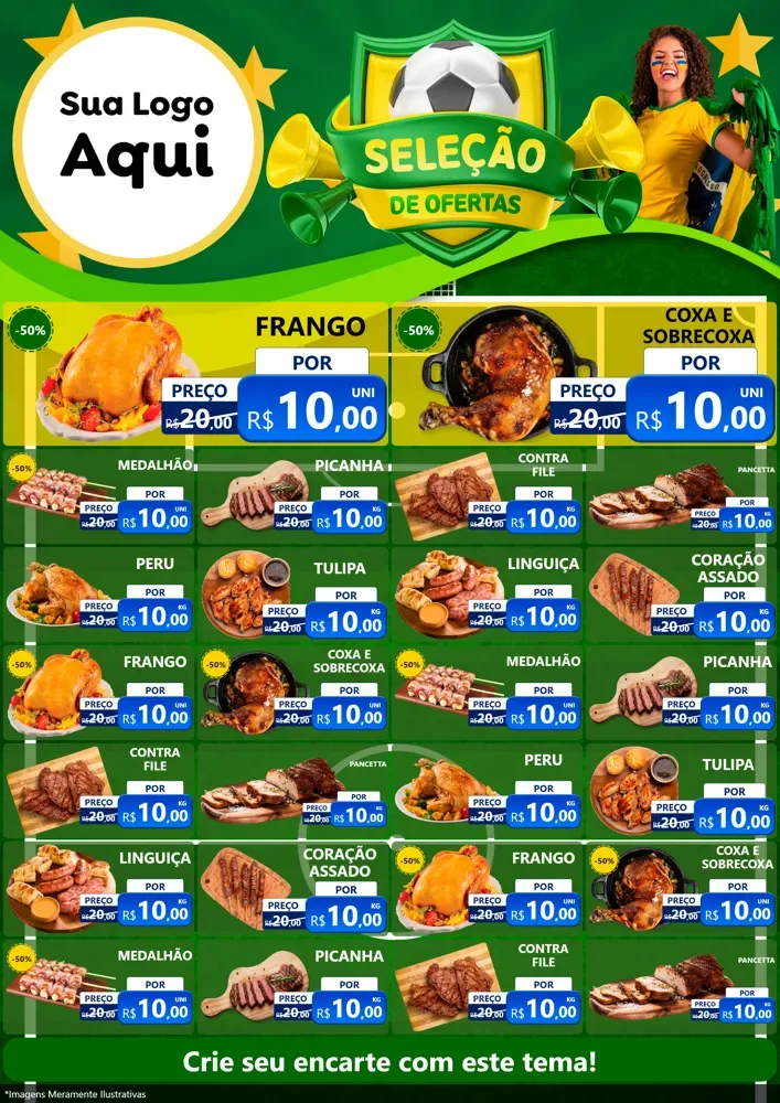 Modelo de Encarte para Encarte A4 Vertical com o tema Seleção de Ofertas - Copa para Assados