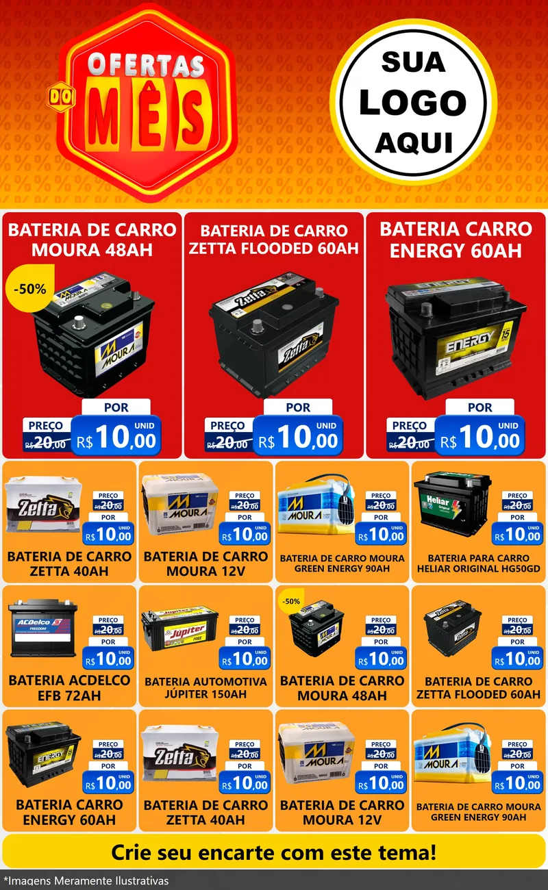 Modelo de Encarte para Encarte Grande com o tema Ofertas do Mês para Baterias Elétricas