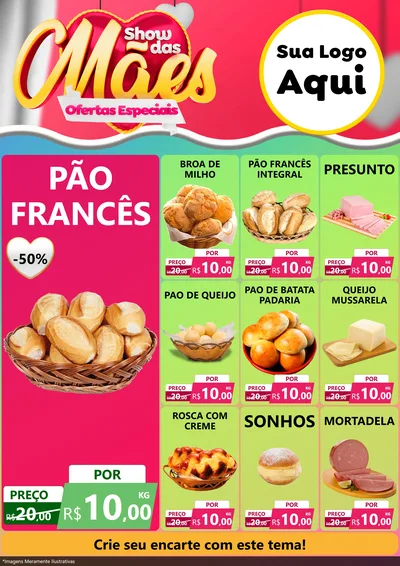 Modelo de Encarte para Encarte A4 Vertical com o tema Show das Mães - Ofertas Especiais para Padaria