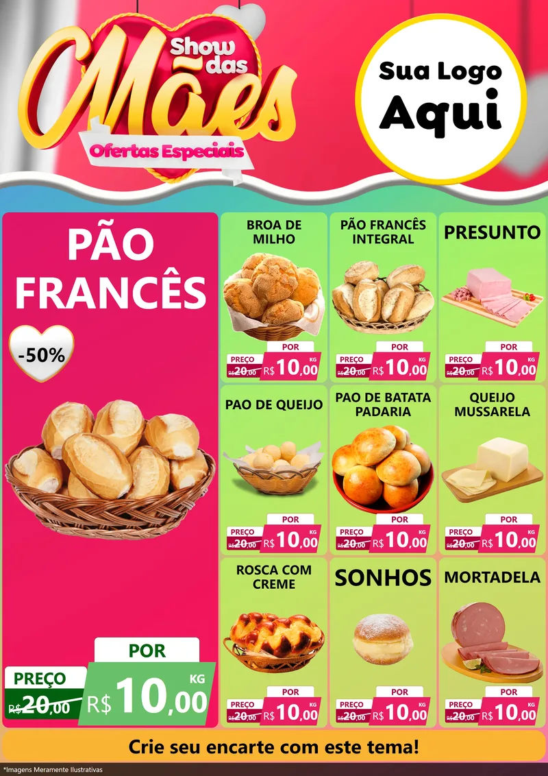Modelo de Encarte para Encarte A4 Vertical com o tema Show das Mães - Ofertas Especiais para Padaria