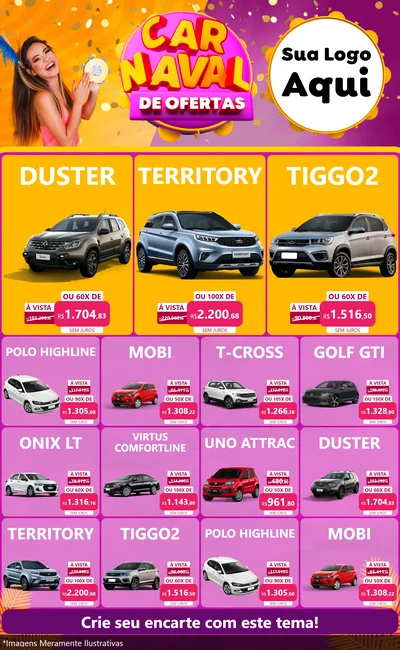 Modelo de Encarte para Encarte Grande com o tema Carnaval de Ofertas para Concessionaria de Carros