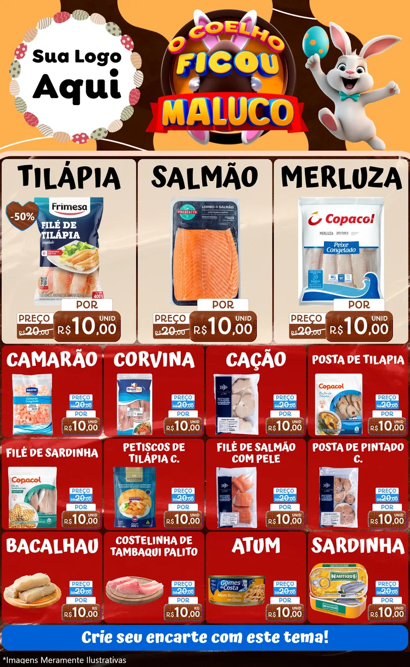 Modelo de Encarte para Encarte Grande com o tema O Coelho Ficou Maluco - Páscoa para Peixaria