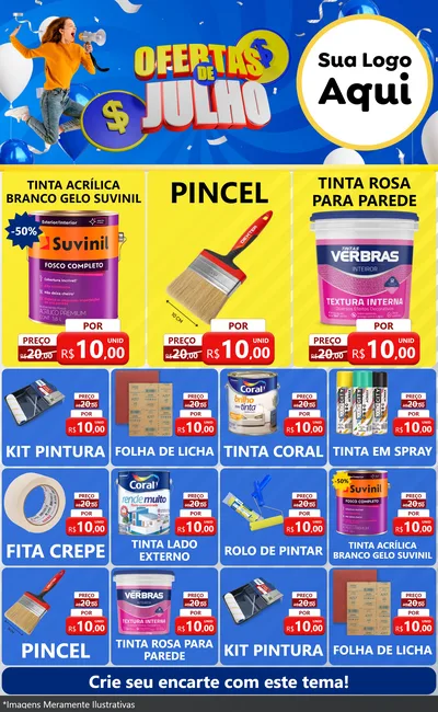 Modelo de Encarte para Encarte Grande com o tema Ofertas de Julho para Tintas e Ferramentas