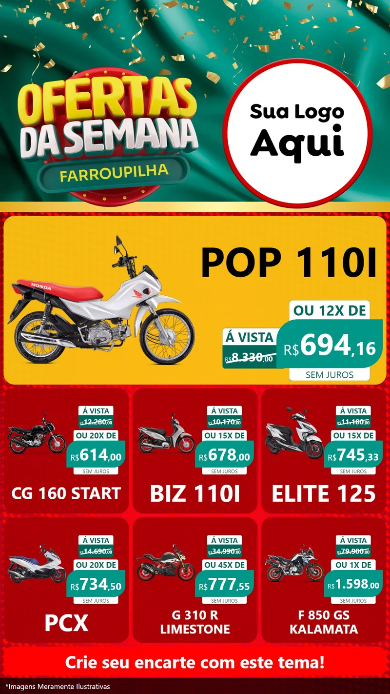 Modelo de Rede Social para Stories com o tema Ofertas da Semana Farroupilha para Concessionaria de Motos
