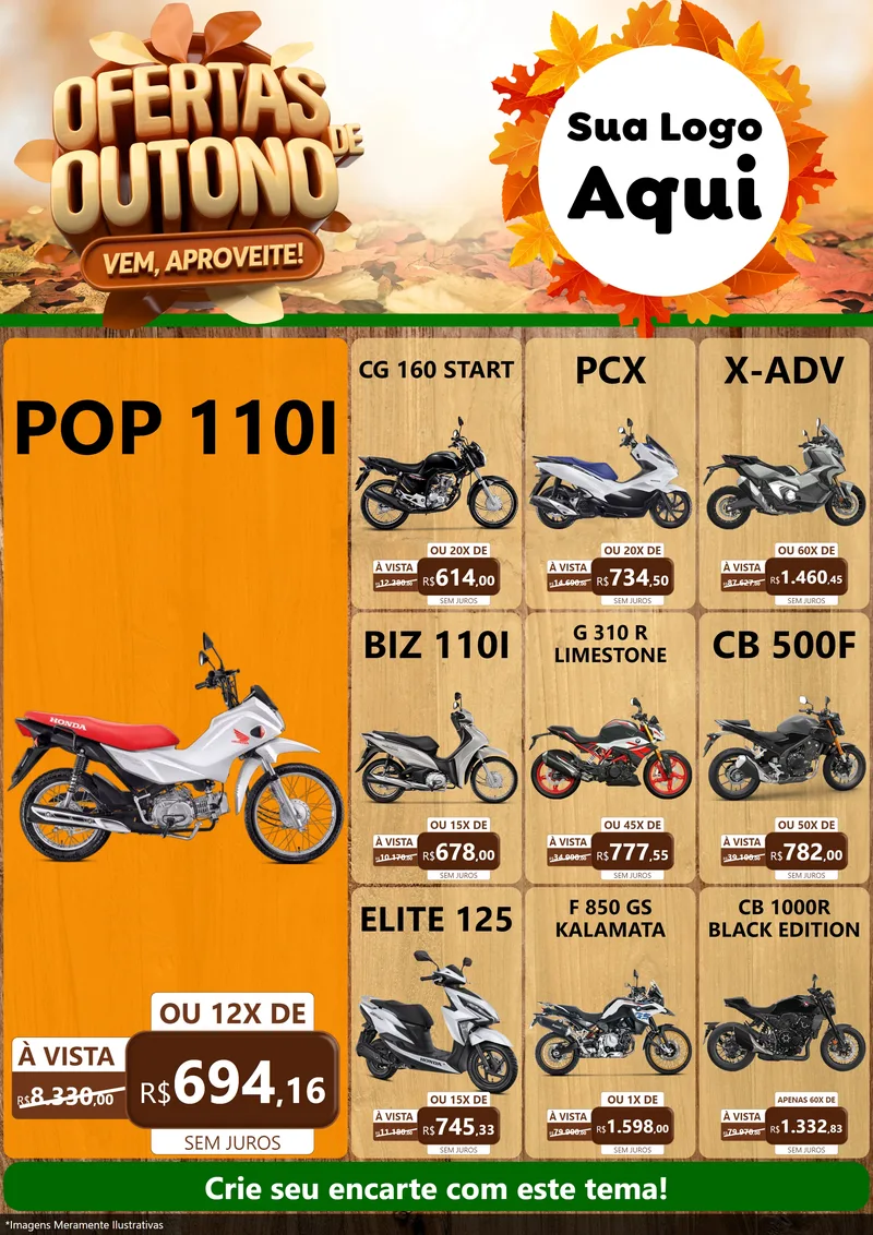 Modelo de Encarte para Encarte A4 Vertical com o tema Ofertas de Outono - Vem, Aproveite! para Concessionaria de Motos