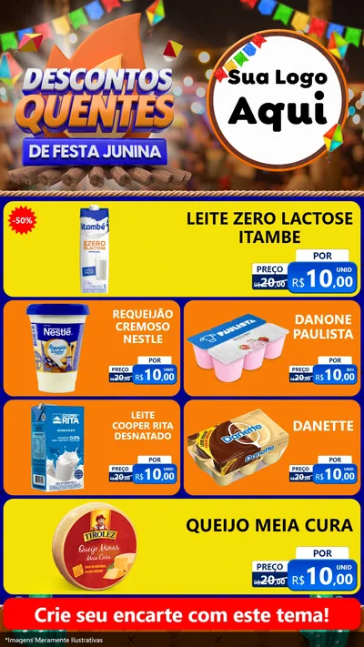 Modelo de TV para TV Vertical com o tema Descontos Quentes de Festa Junina para Frios e Laticínios