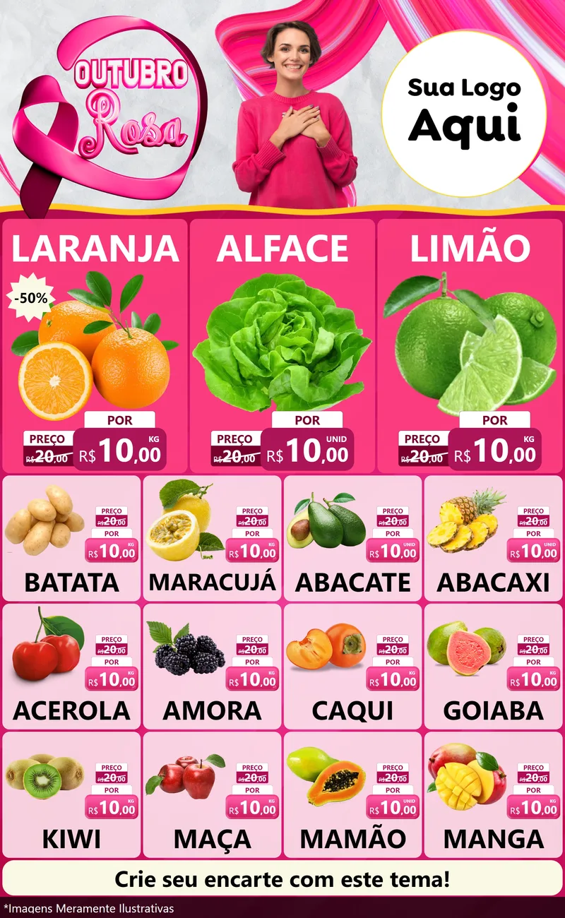 Modelo de Encarte para Encarte Grande com o tema Outubro Rosa para Hortifrúti