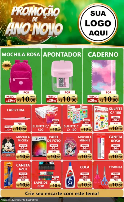 Modelo de Encarte para Encarte Grande com o tema Promoção de Ano Novo para Papelaria