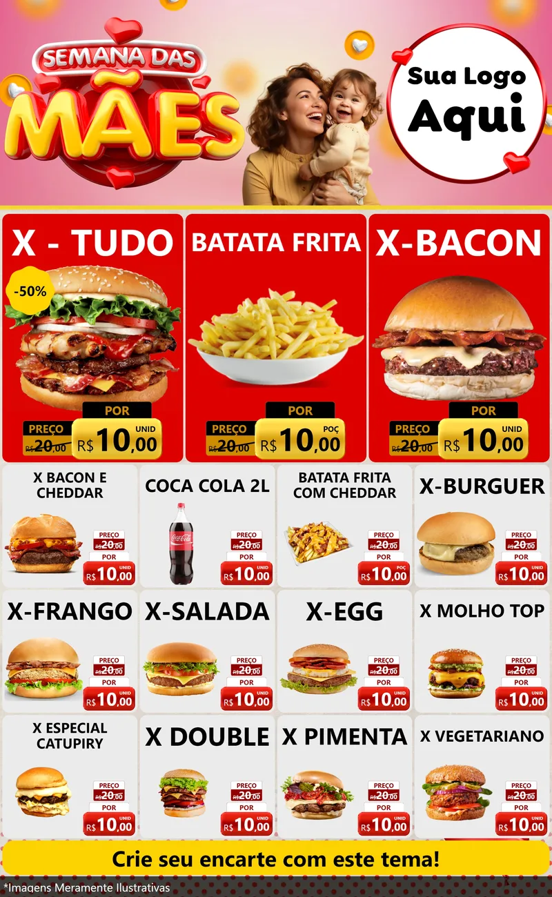 Modelo de Encarte para Encarte Grande com o tema Semana das Mães para Hamburgueria