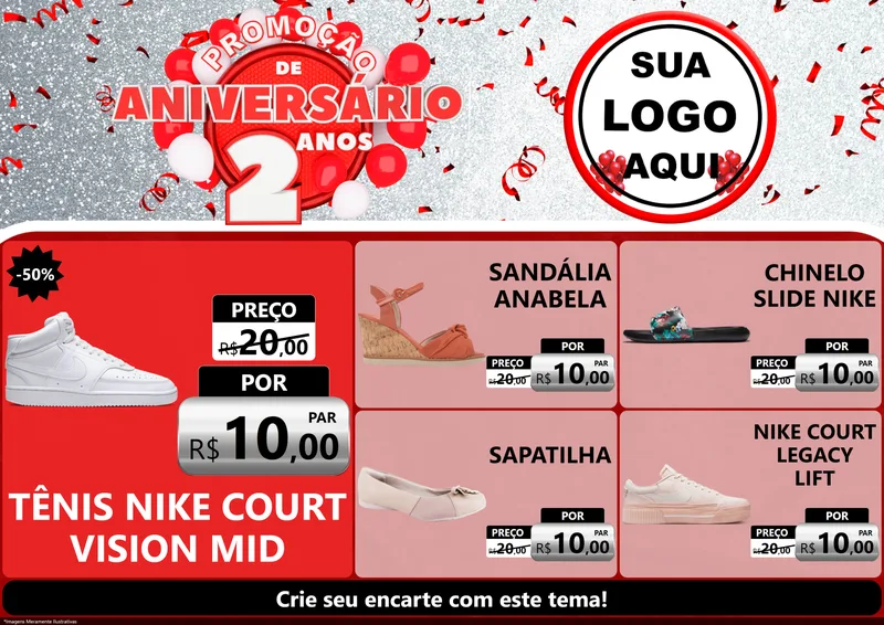 Modelo de Encarte para Encarte A4 Horizontal com o tema Promoção de Aniversário - 2 Anos para Calçados