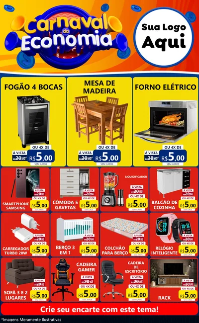 Modelo de Encarte para Encarte Grande com o tema Carnaval da Economia para Móveis e Eletro