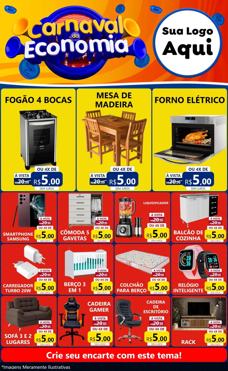 Modelo de Encarte para Encarte Grande com o tema Carnaval da Economia para Móveis e Eletro