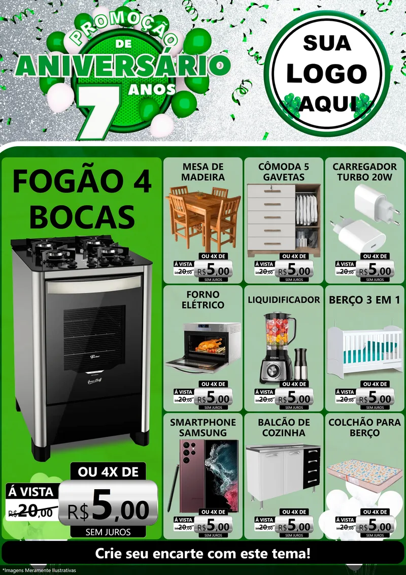 Modelo de Encarte para Encarte A4 Vertical com o tema Promoção de Aniversário - 7 Anos para Móveis e Eletro
