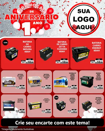 Modelo de Rede Social para Feed Instagram com o tema Promoção de Aniversário - 1 Ano para Baterias Elétricas