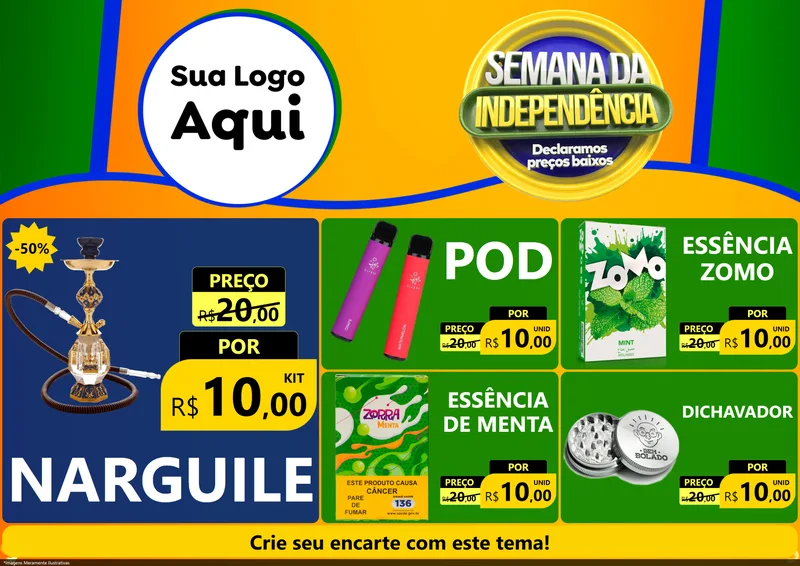 Modelo de Encarte para Encarte A4 Horizontal com o tema Semana da Independência Declaramos Preços Baixos para Tabacaria