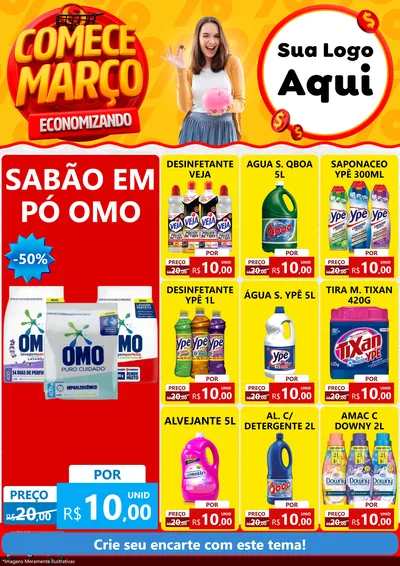 Modelo de Encarte para Encarte A4 Vertical com o tema Comece Março Economizando para Produtos de Limpeza