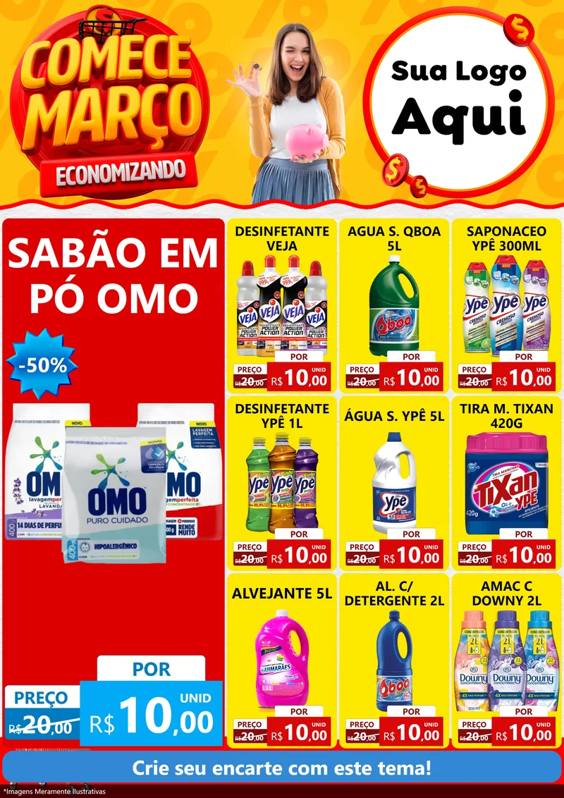 Modelo de Encarte para Encarte A4 Vertical com o tema Comece Março Economizando para Produtos de Limpeza