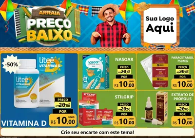 Modelo de Encarte para Encarte A4 Horizontal com o tema Arraiá de Preço Baixo - Junina para Farmácia