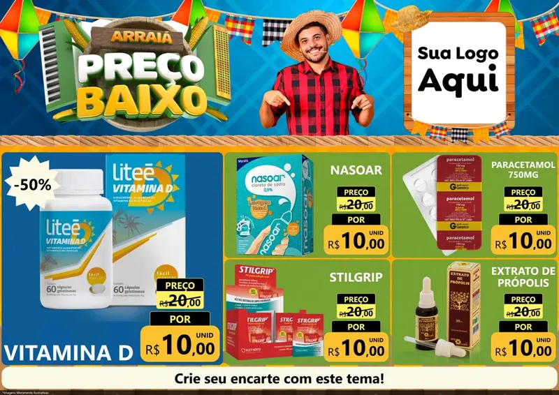 Modelo de Encarte para Encarte A4 Horizontal com o tema Arraiá de Preço Baixo - Junina para Farmácia