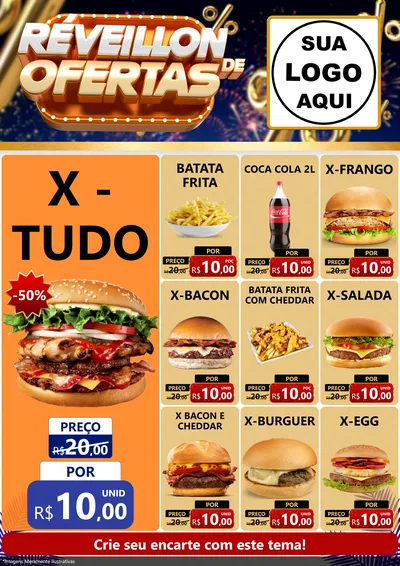 Modelo de Encarte para Encarte A4 Vertical com o tema Réveillon de Ofertas para Hamburgueria