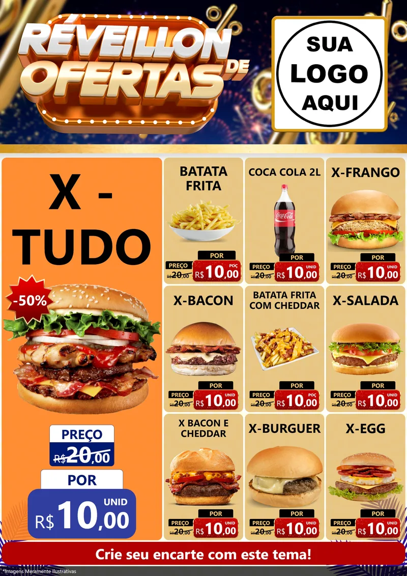 Modelo de Encarte para Encarte A4 Vertical com o tema Réveillon de Ofertas para Hamburgueria